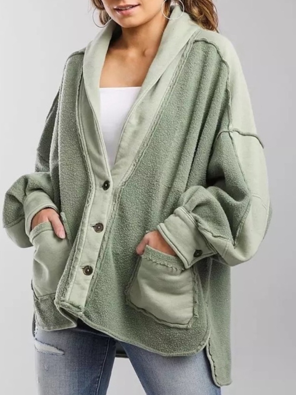 Free People Jordan Slouchy Reversed Fleece Sage Green Jacket Small - Picture 1 of 9